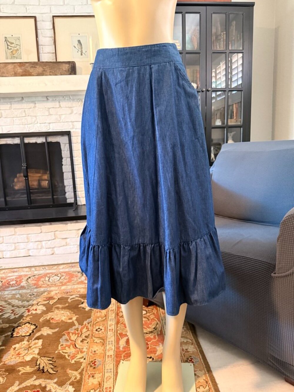 STAGE WEST by PRIOR Denim Skirt w/ an 8" lower edge gathered ruffle
